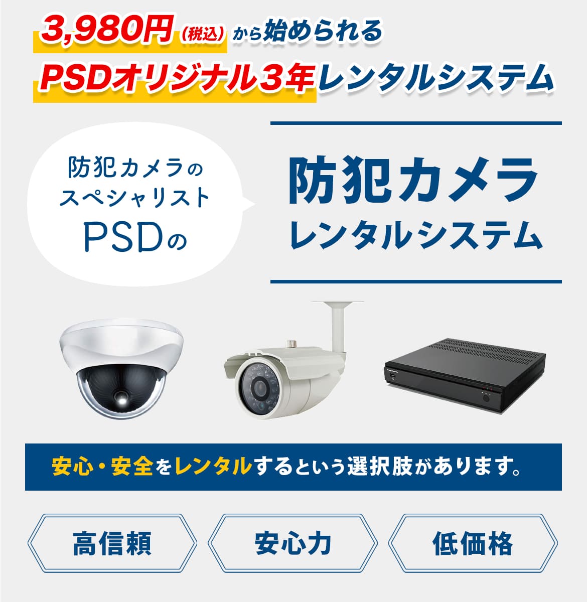 3980円から始められるPSDオリジナル防犯カメラ 3年レンタルシステム