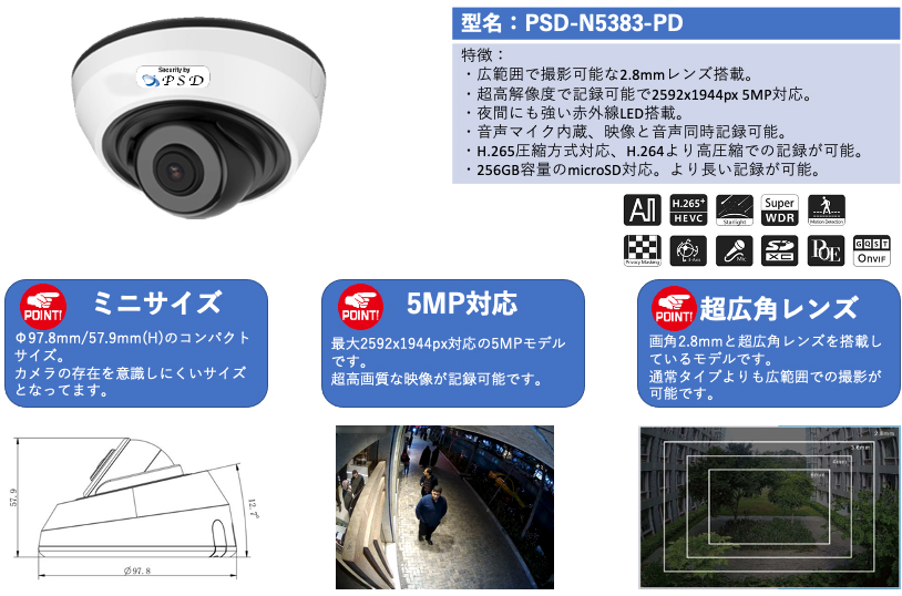屋内用赤外線付ミニドーム型カメラ IPC/5MP