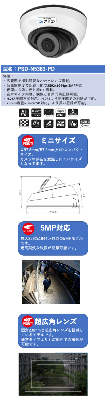 屋内用赤外線付ミニドーム型カメラ IPC/5MP